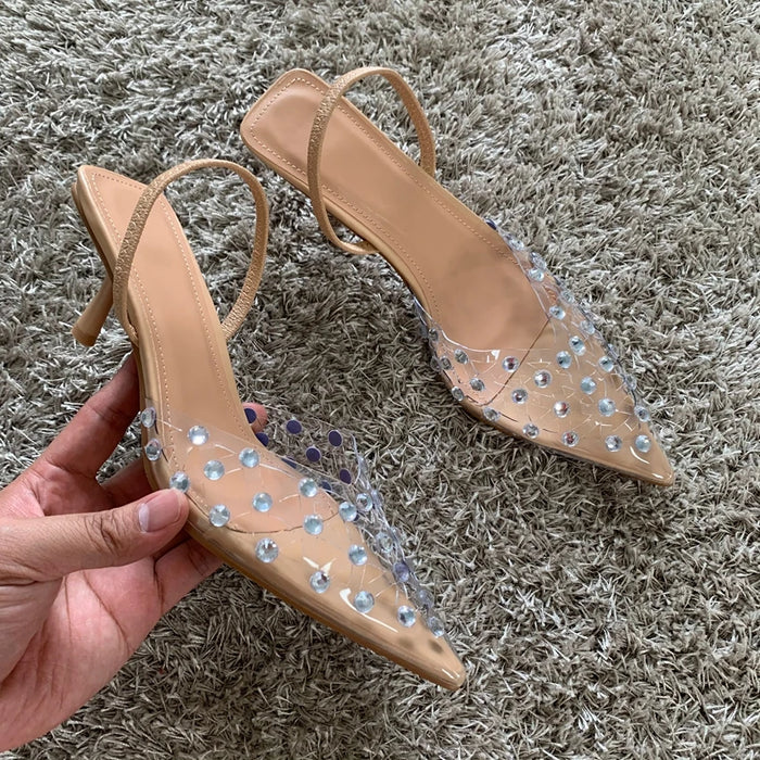 Transparent Diamond Kitten Heel Sling Back Pumps