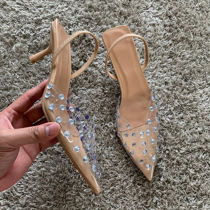 Transparent Diamond Kitten Heel Sling Back Pumps