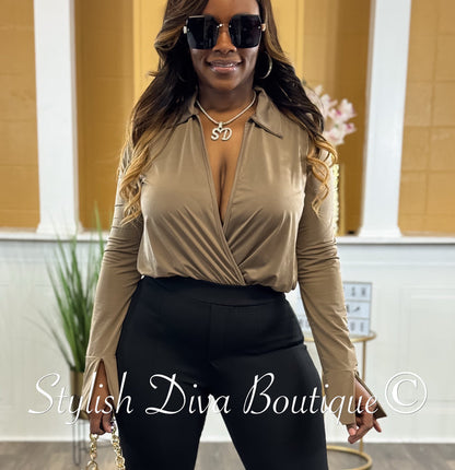 Venezia L/S Collared Bodysuit up to 3XL (Mocha)