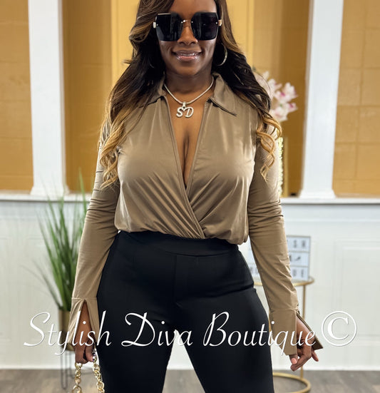 Venezia L/S Collared Bodysuit up to 3XL (Mocha)
