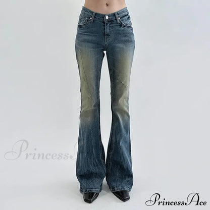 Vintage Denim Flare For Women Fashion Streetwear High Waist Hit Color Slim Female Autumn Jean