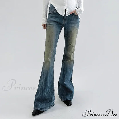 Vintage Denim Flare For Women Fashion Streetwear High Waist Hit Color Slim Female Autumn Jean