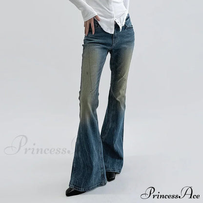Vintage Denim Flare For Women Fashion Streetwear High Waist Hit Color Slim Female Autumn Jean