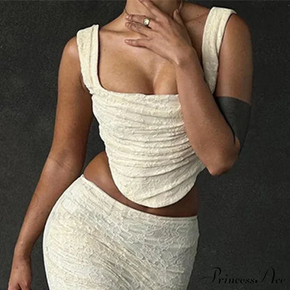 Vintage Floral Lace Corset Top and Skirt Sets Sexy Backless Bandage Midi Dress