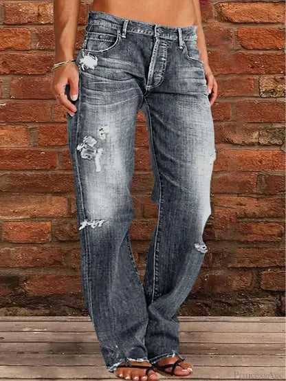 Vintage Middle-Waist Ripped Straight Blue Wide-Leg Denim Jeans