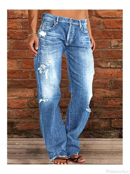 Vintage Middle-Waist Ripped Straight Blue Wide-Leg Denim Jeans