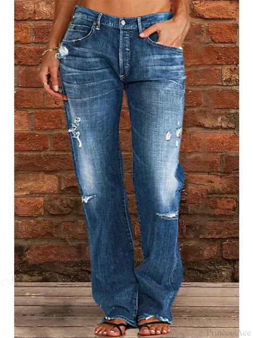 Vintage Middle-Waist Ripped Straight Blue Wide-Leg Denim Jeans