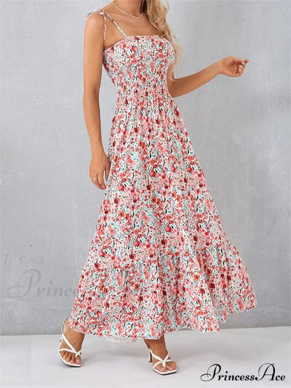 Vintage Women Sleeveless Tie-up Spaghetti Strap Floral Print Summer Party Beach Female Vestidos