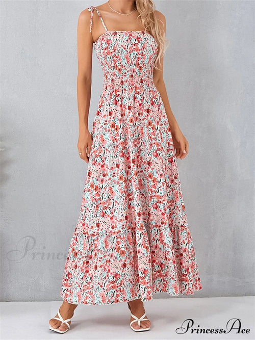 Vintage Women Sleeveless Tie-up Spaghetti Strap Floral Print Summer Party Beach Female Vestidos