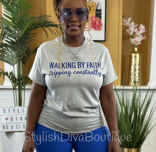 Walking By Faith Graphic Tee (Royal Blue Print)