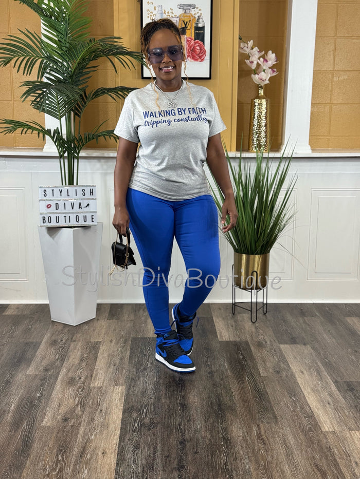 Walking By Faith Graphic Tee (Royal Blue Print)