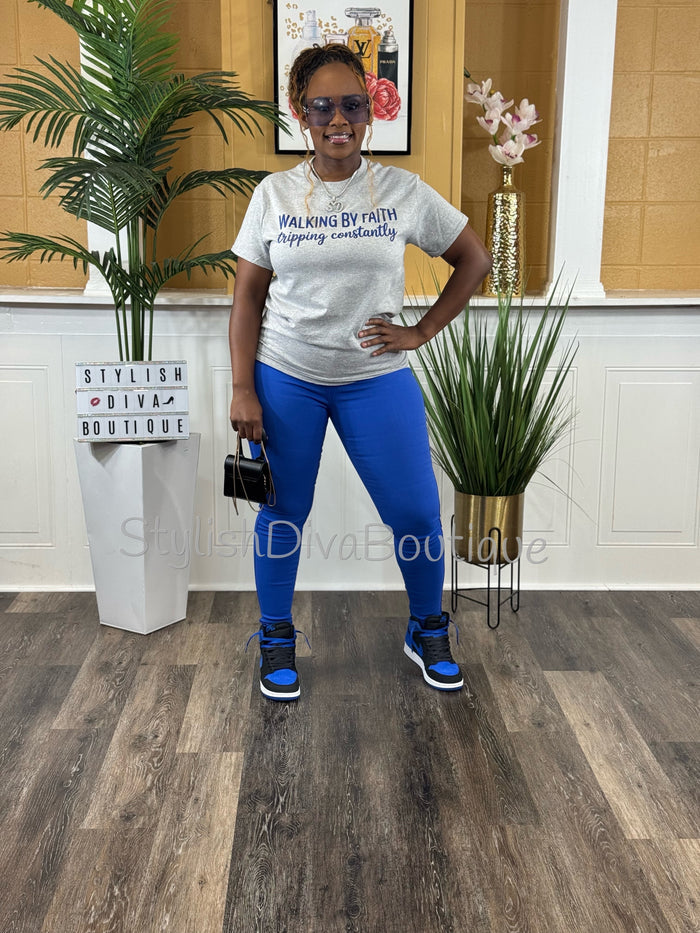 Walking By Faith Graphic Tee (Royal Blue Print)