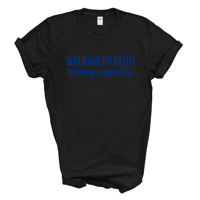 Walking By Faith Graphic Tee (Royal Blue Print)
