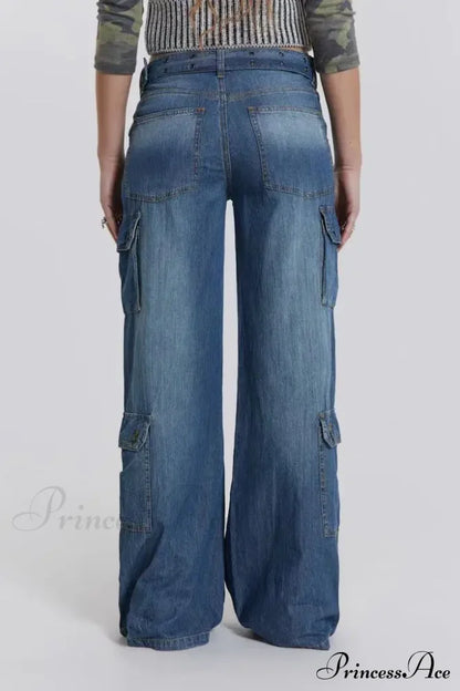 Wide Leg High Waist Patchwork Baggy Cargo Streetwear Y2k Vintage Denim Jean Stylish Loose High Waist Solid Color Casual Wild Wide Leg Multi Pockets Jean New Skinny Elastic Denim High-Waisted European American Style Pack Hip Pencil Jean