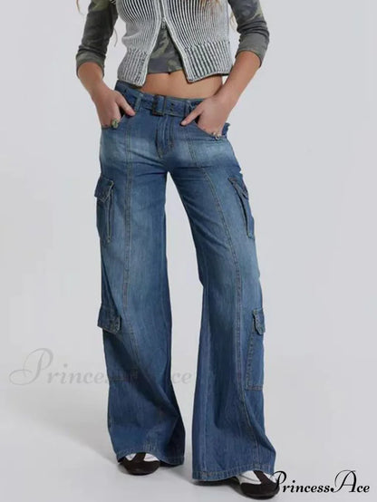 Wide Leg High Waist Patchwork Baggy Cargo Streetwear Y2k Vintage Denim Jean Stylish Loose High Waist Solid Color Casual Wild Wide Leg Multi Pockets Jean New Skinny Elastic Denim High-Waisted European American Style Pack Hip Pencil Jean