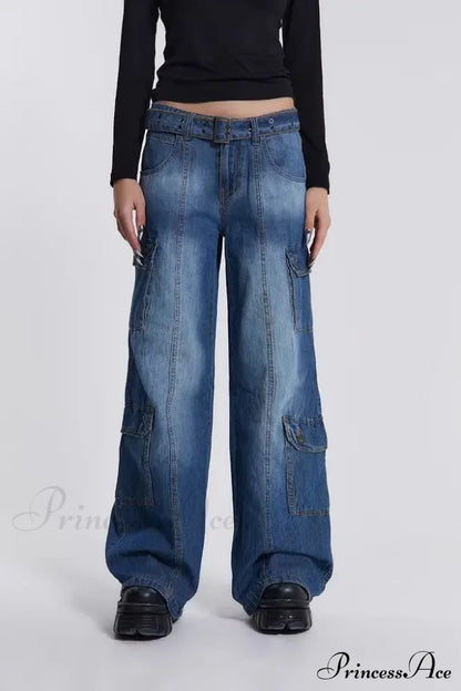 Wide Leg High Waist Patchwork Baggy Cargo Streetwear Y2k Vintage Denim Jean Stylish Loose High Waist Solid Color Casual Wild Wide Leg Multi Pockets Jean New Skinny Elastic Denim High-Waisted European American Style Pack Hip Pencil Jean