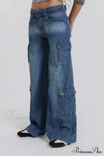 Wide Leg High Waist Patchwork Baggy Cargo Streetwear Y2k Vintage Denim Jean Stylish Loose High Waist Solid Color Casual Wild Wide Leg Multi Pockets Jean New Skinny Elastic Denim High-Waisted European American Style Pack Hip Pencil Jean