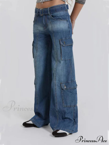 Wide Leg High Waist Patchwork Baggy Cargo Streetwear Y2k Vintage Denim Jean Stylish Loose High Waist Solid Color Casual Wild Wide Leg Multi Pockets Jean New Skinny Elastic Denim High-Waisted European American Style Pack Hip Pencil Jean
