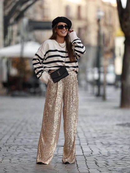 Wide Leg Pants High Waist Sequins Long Pants