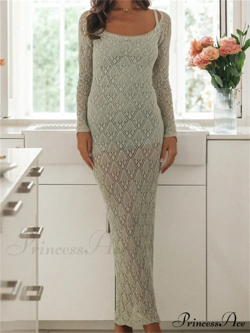 Women Bodycon Lace See Through Hollow Out O-neck Sleeve Back Split Party Female Vestidos