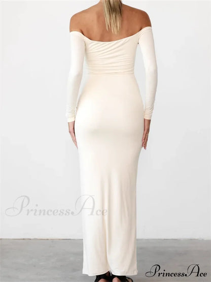 Women Elegant Slash Neck Off-shoulder Solid Color Slim Fit Fall Cocktail Party Female Vestidos