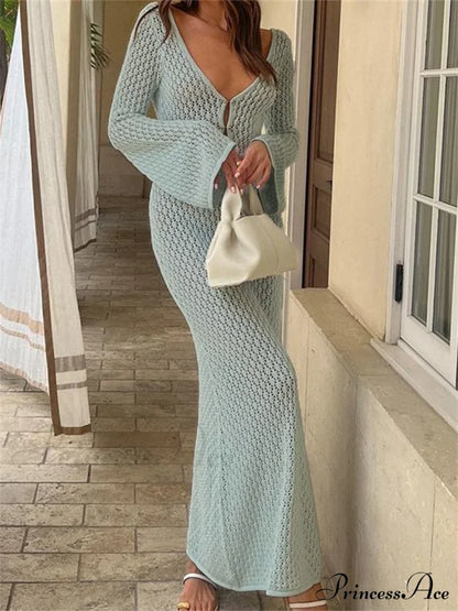 Women Knitted  Solid Hollow Out Deep V-Neck  Sleeve Bodycon Spring Autumn Backless Vestidos