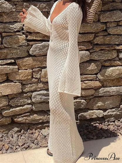 Women Knitted  Solid Hollow Out Deep V-Neck  Sleeve Bodycon Spring Autumn Backless Vestidos