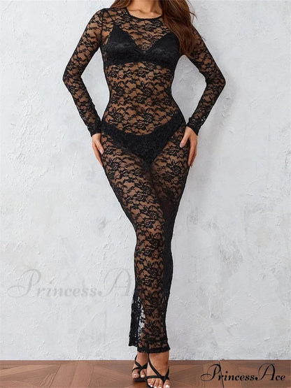 Women Lace Floral See Through Vintage Sleeve Round Neck Solid Back Split Party Female Vestidos