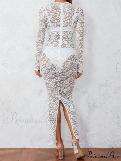 Women Lace Floral See Through Vintage Sleeve Round Neck Solid Back Split Party Female Vestidos