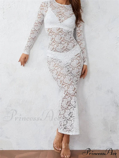Women Lace Floral See Through Vintage Sleeve Round Neck Solid Back Split Party Female Vestidos