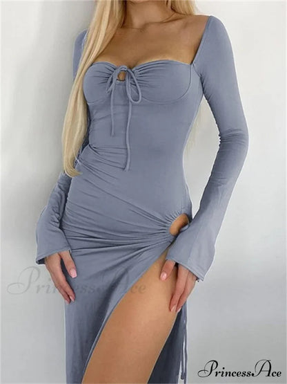 Women Sleeve Low-cut Tie-up Solid Color Slim Fit Cocktail Party High Split Female Vestidos